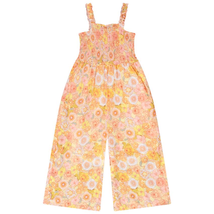 Combinaison longue à smocks imprimé fleurs retro pour fille - Jaune