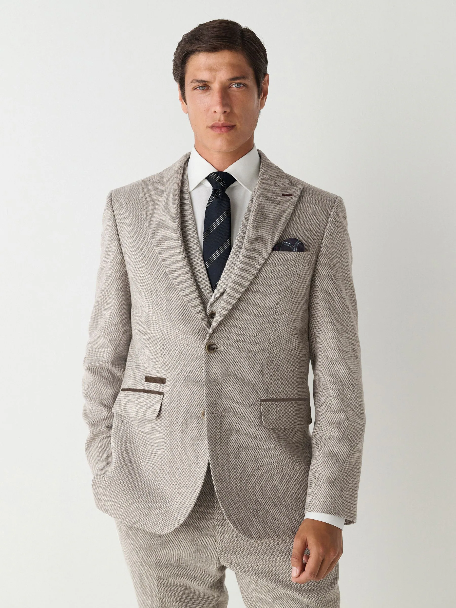 Neutraal - Slim Fit Trimmed Textured Wool Blend Suit Jacket