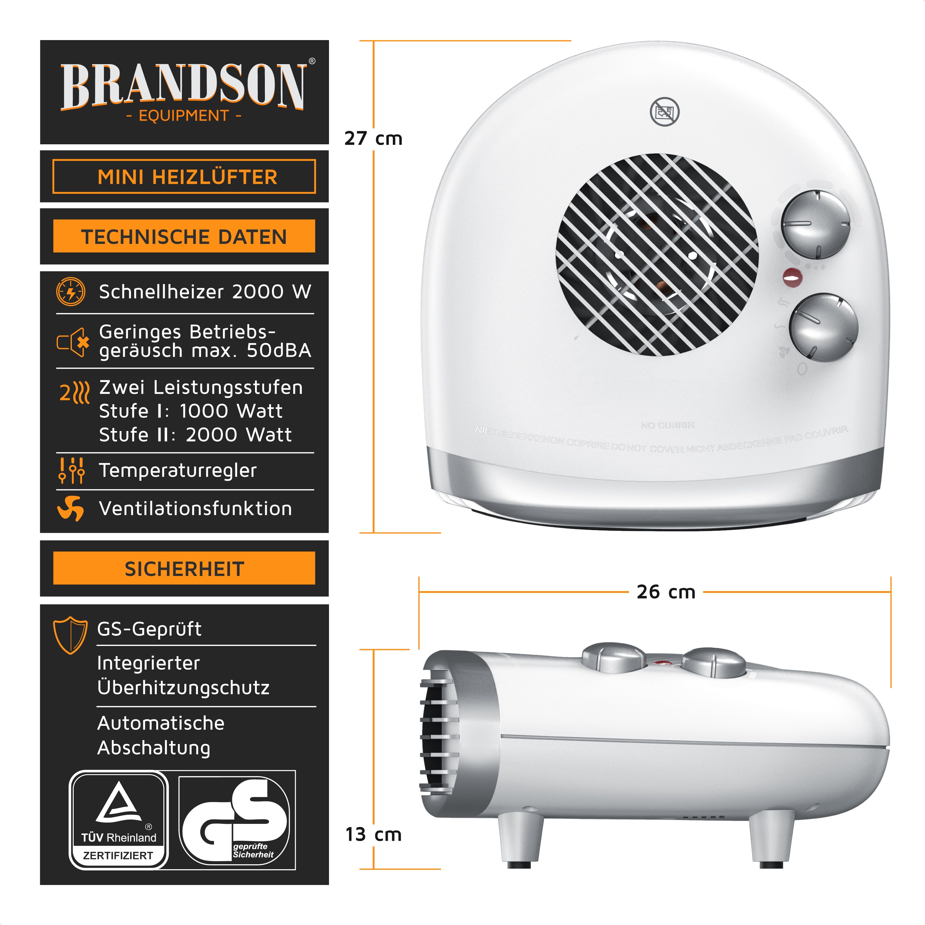 Brandson Heizlüfter 2000W, einstellbares Thermostat, Überhitzungsschutz, Automatische Abschaltung, 3 Leistungsstufen, Weiß/Silber