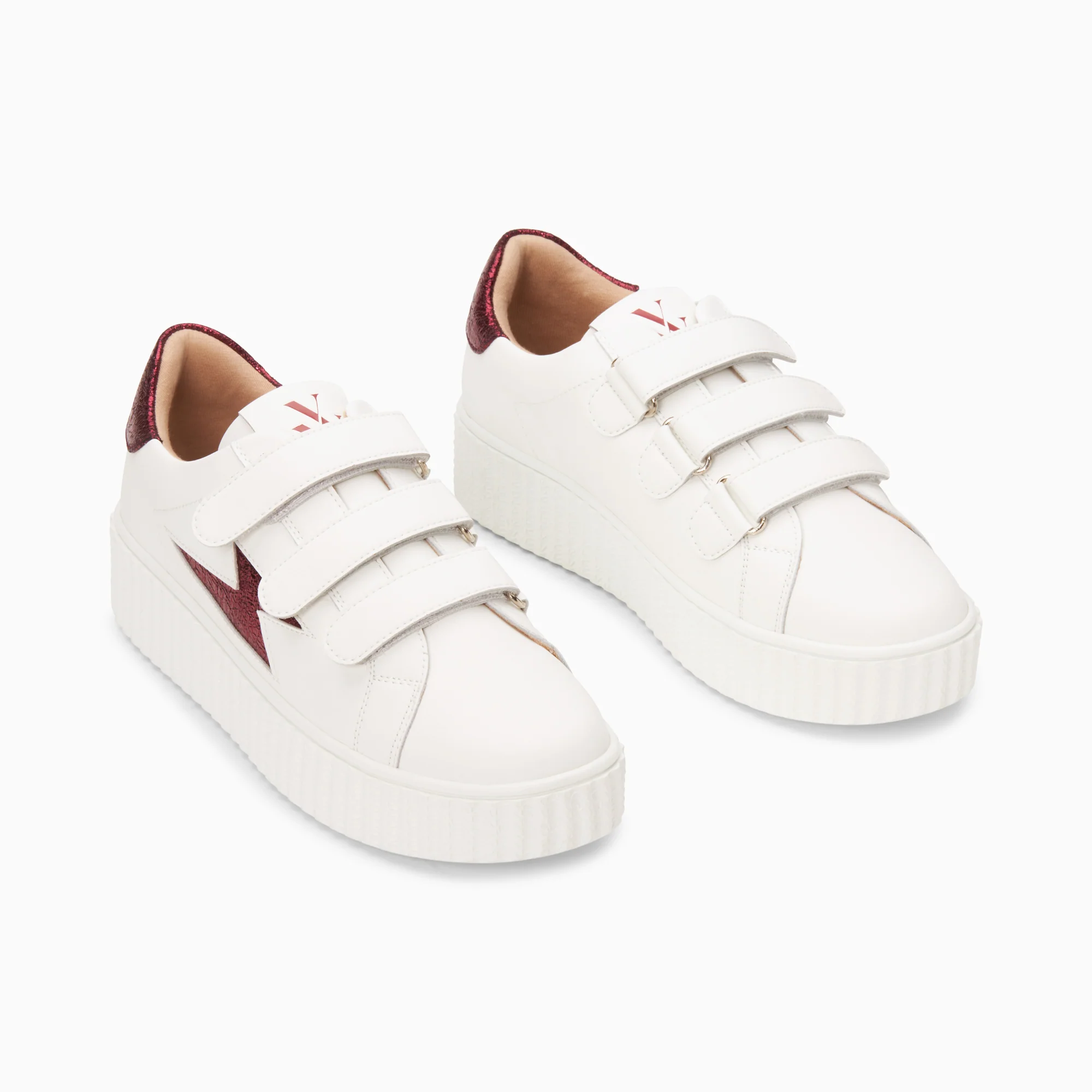 Sneakers-Baskets éclair Kim blanc et bordeaux métallisé à scratchs