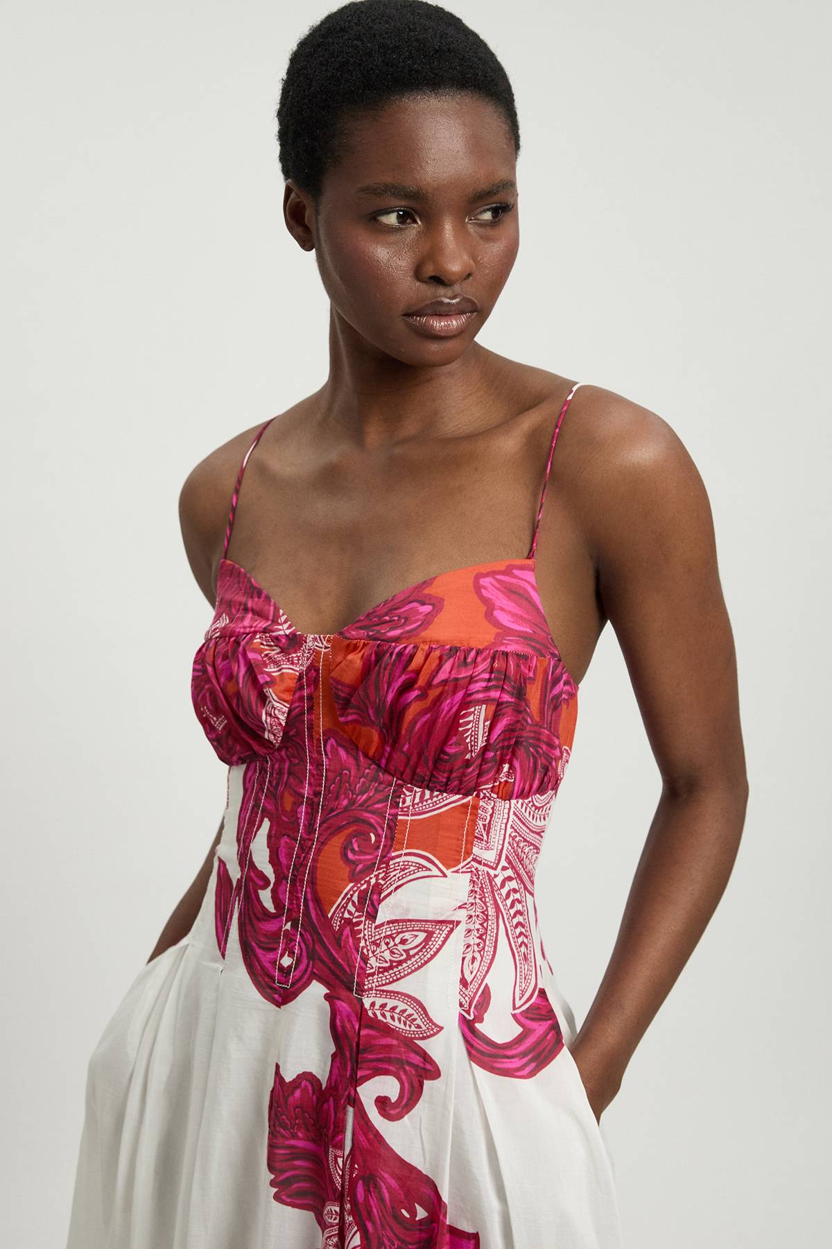 KarenMillen Robe Midi À Bretelles En Soie Et Coton Baroque