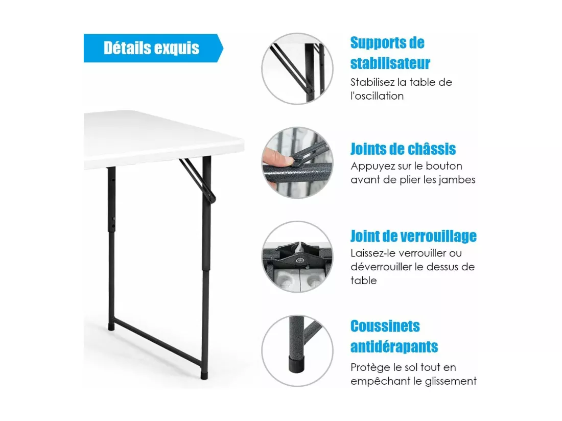 Table Pliante en Plastique, pour CamBoisg Jardin Cuisine Matériaux HDPE,122 x 61 x 72 CM，Blanc