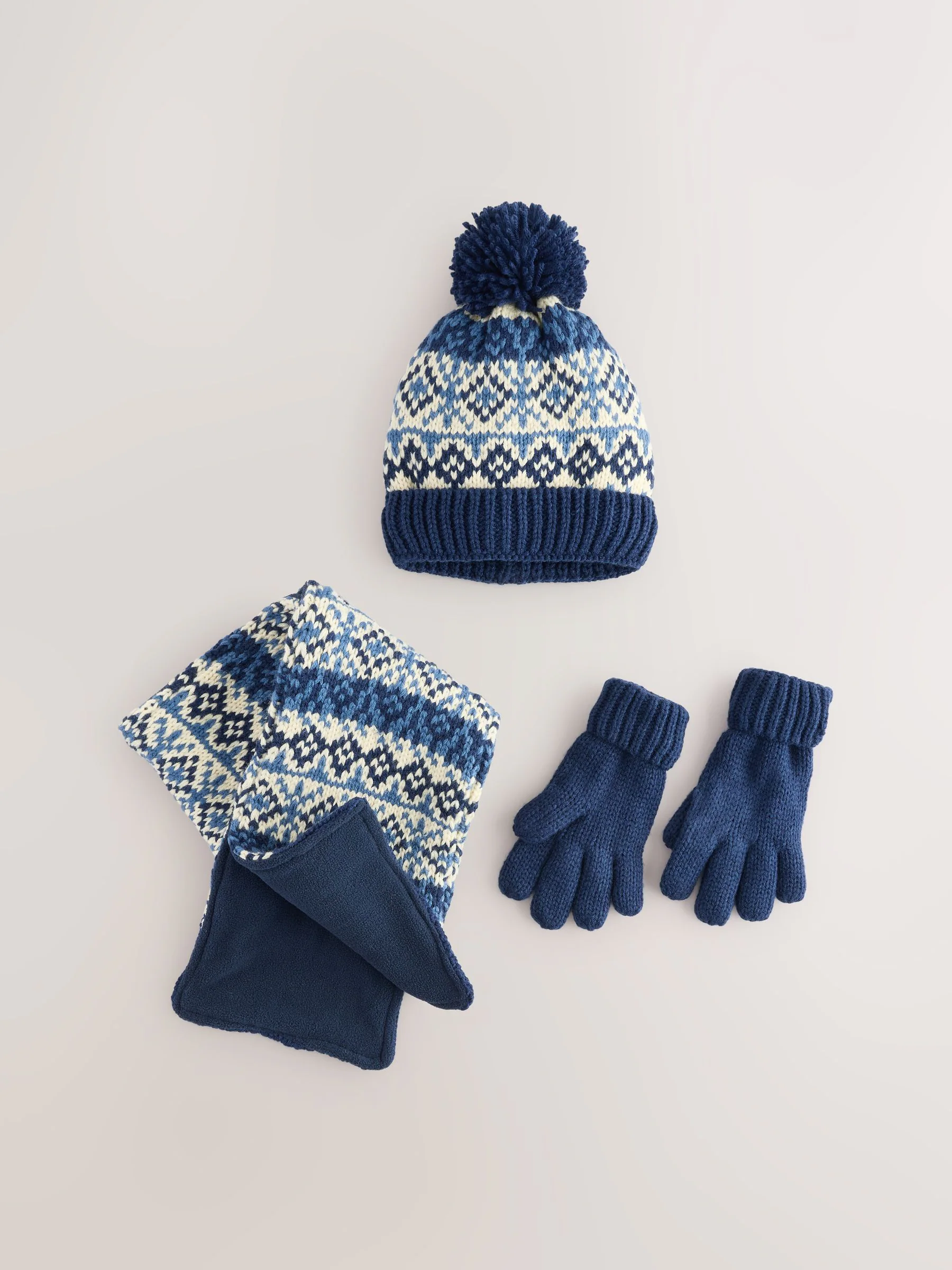 Blauw/wit fairisle - Set van 3 -delige muts, sjaal en handschoenen (3-16jr)