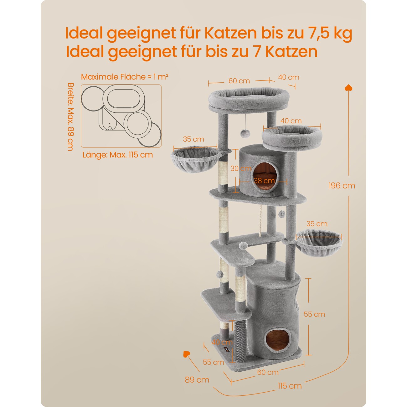 FEANDREA Kratzbaum 196cm mit Katzenturm warme Kissen
