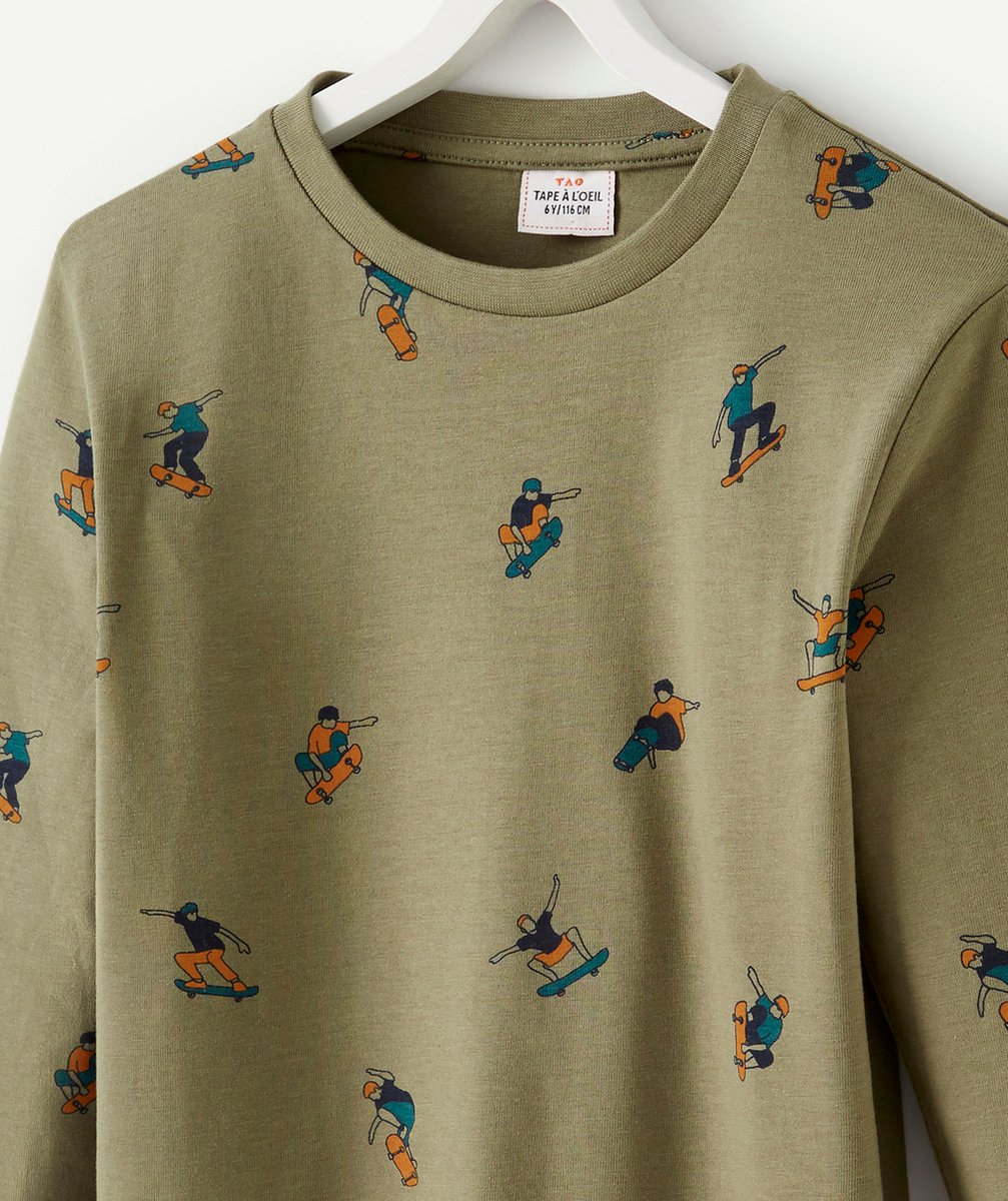 T-SHIRT GARÇON EN COTON BIO KAKI IMPRIMÉ SKATEURS