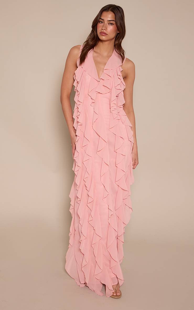 Rose Clair Robe Longue À Volants Sans Manches Avec Col Licou