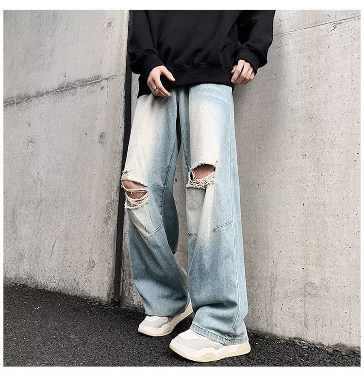 Kenning - Mid Rise Washed Distressed Wide Leg Jeans