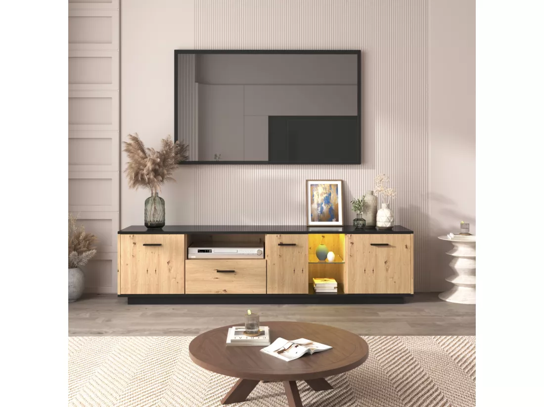 Meuble TV LED 15 lampes - TV-Board avec 1 tiroir + 3 portes + 2 compartiments plaque de toit noir - naturel 180x40x45cm