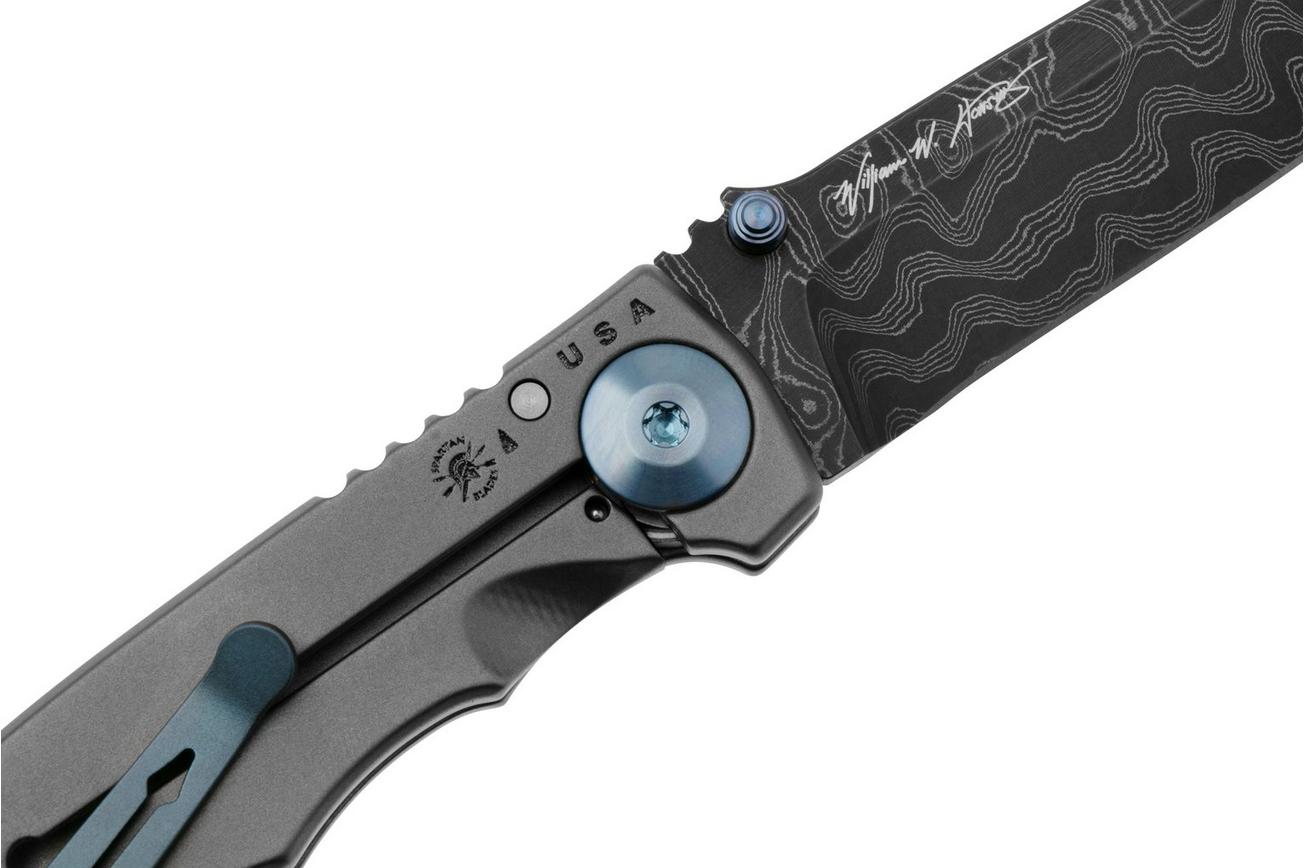 Spartan Blades Harsey Folder 3.25, SF10CUSTOMCNDAM CN Damascus Blue Hardware, zakmes, Bill Harsey design