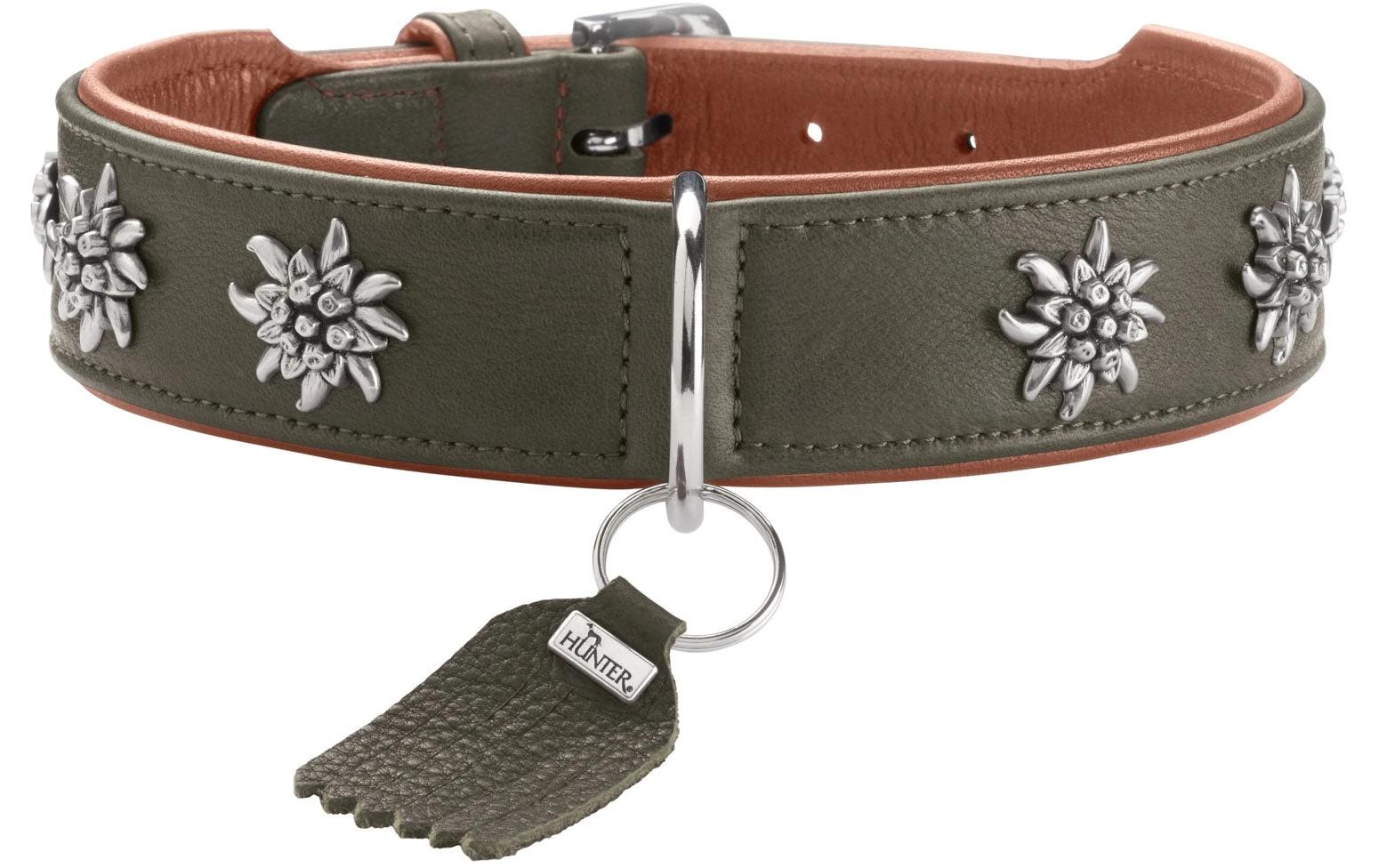 Halsband München 37/XS-S, Rindsleder, Grün/CognacKlassisches Halsband aus Rindsleder auffälligen Besätzen im Trachten-Look