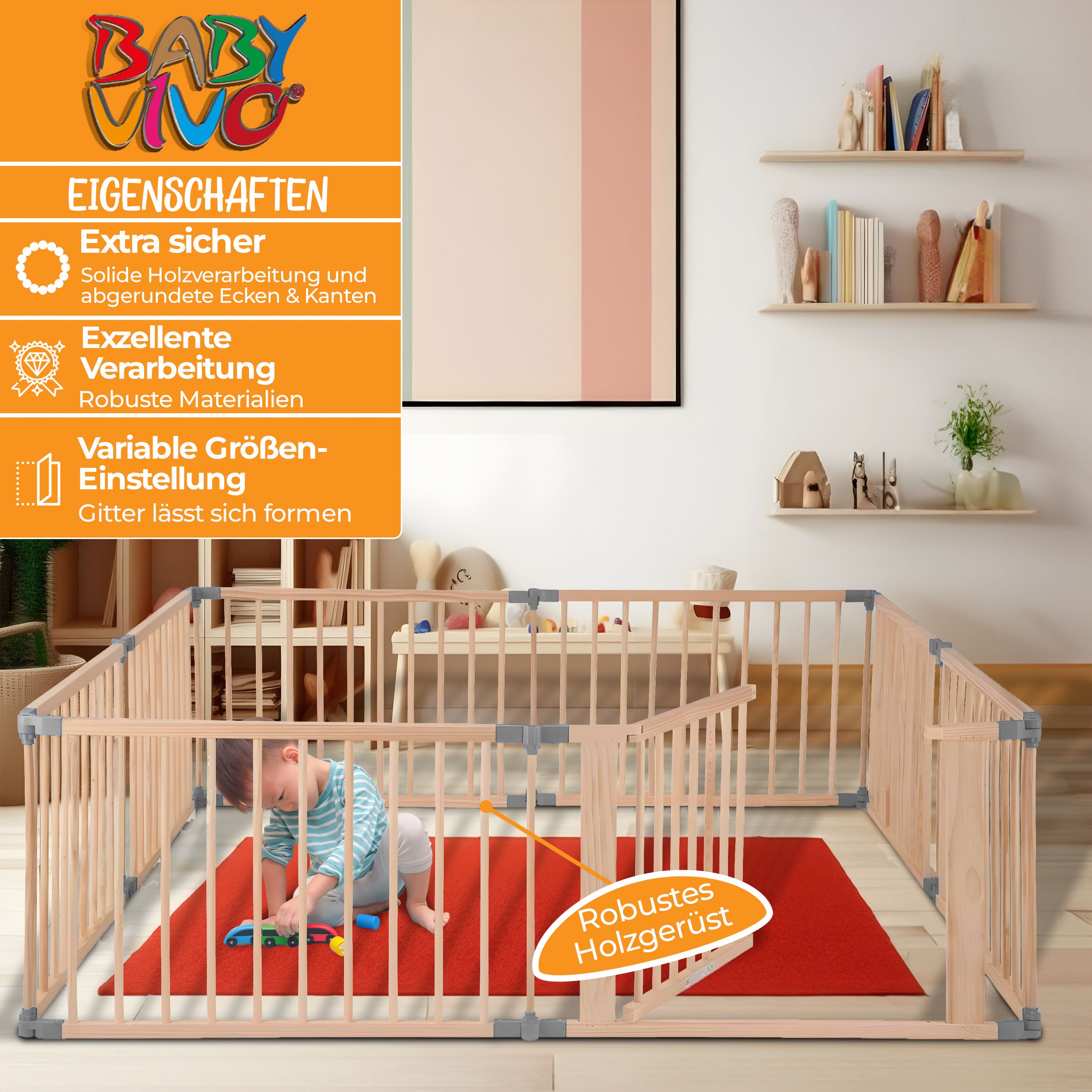 Baby Vivo Laufgitter aus Holz 8 Elemente - individuell verstellbar - PREMIUM in Grau