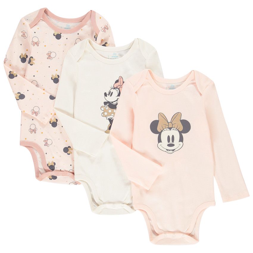 Lot de 3 bodies manches longues Minnie Disney en coton pour bébé fille - Rose