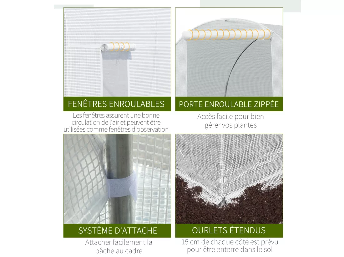 Serre de jardin tunnel surface sol 9 m² 4,5L x 2l x 2H m châssis tubulaire renforcé 18 mm 6 fenêtres blanc