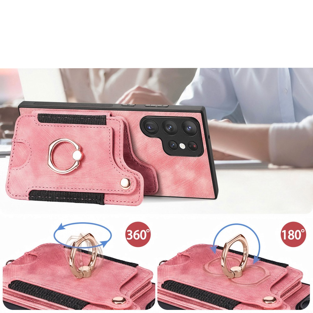Samsung Galaxy S23 Ultra 5G Necklace Leder Hülle mit Kartenfächer   Finger Griff Halterung   Handykette (RFID Schutz) - Rosa
