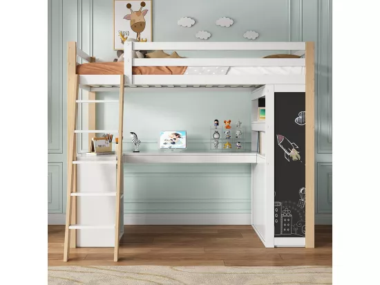 Lit mezzanine 90×200 cm lit enfant avec échelle Bureau Compartiment de rangement Grand tiroir Tableau Étagère Blanc+Naturel