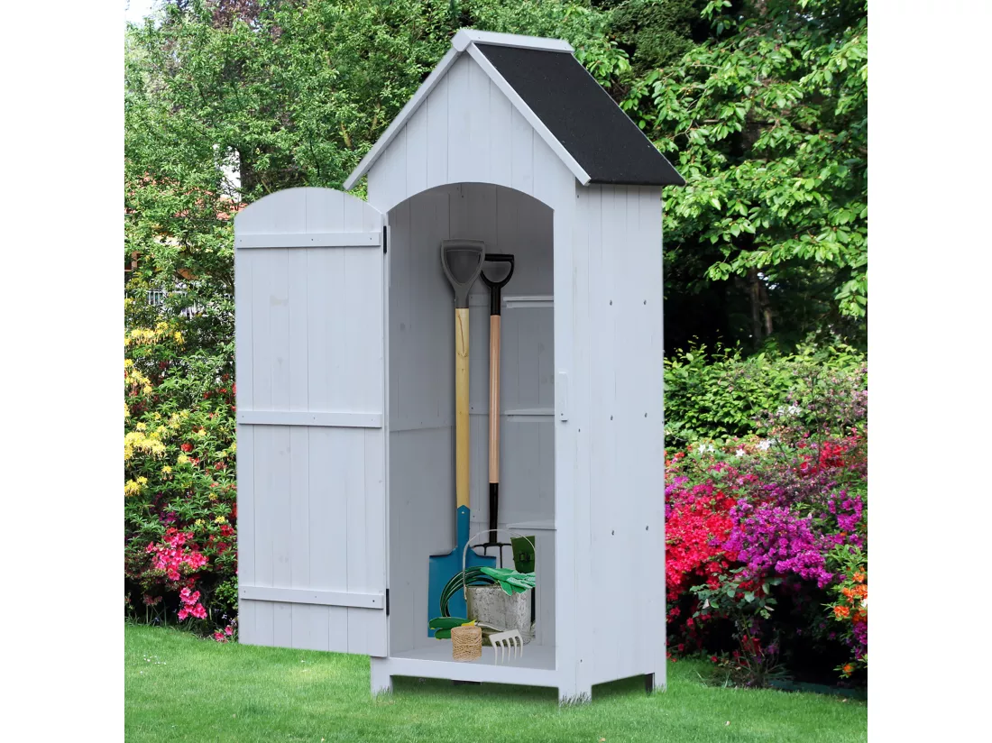 Armoire abri de jardin remise pour outils 3 étagères porte loquet toit pente bitumé dim. 77L x 54l x 179H cm bois sapin pré-huilé blanc