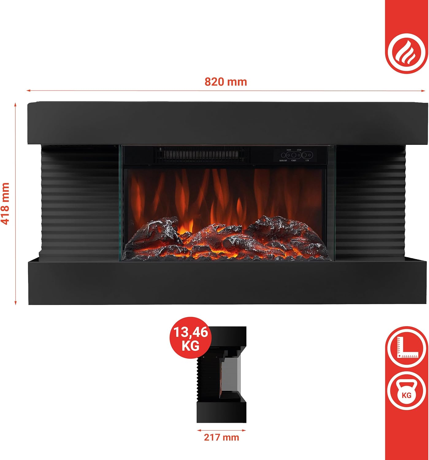 Elektrokamin Liz - Elektrischer Wandkamin mit Heizung, 3D-Flammeneffekt, LED-Ambientelicht, Fernbedienung (Schwarz)
