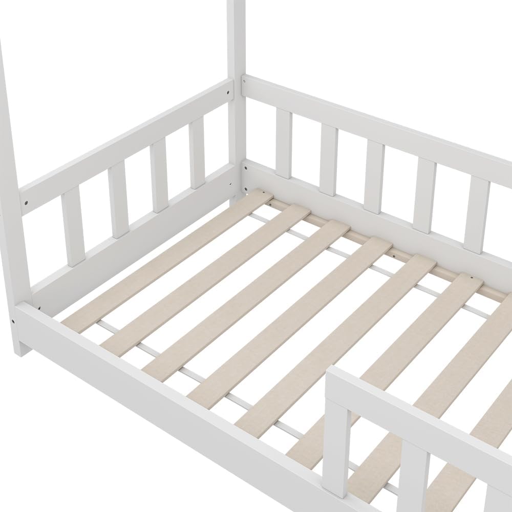 Hausbett 80x160 cm Michelle mit Rausfallschutz - Weiß 166x135x86 cm aus Bambus - Bett ideal fürs Kinderzimmer, für zuverlässigen Schlaf mit zusätzlicher Sicherheit
