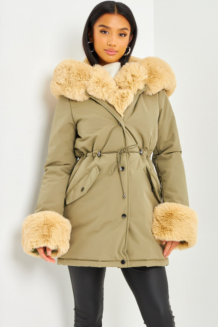 Parka kaki à fourrure beige