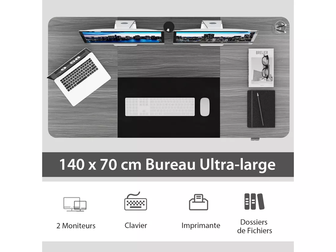 Bureau Assis Debout 70 x 140 cm, Bureau Électrique Réglable en Hauteur avec Mono-Moteur et Panneau à 2 Boutons, Table Réglable Hauteur, Support de Câble, Crochet (Gris Foncé)