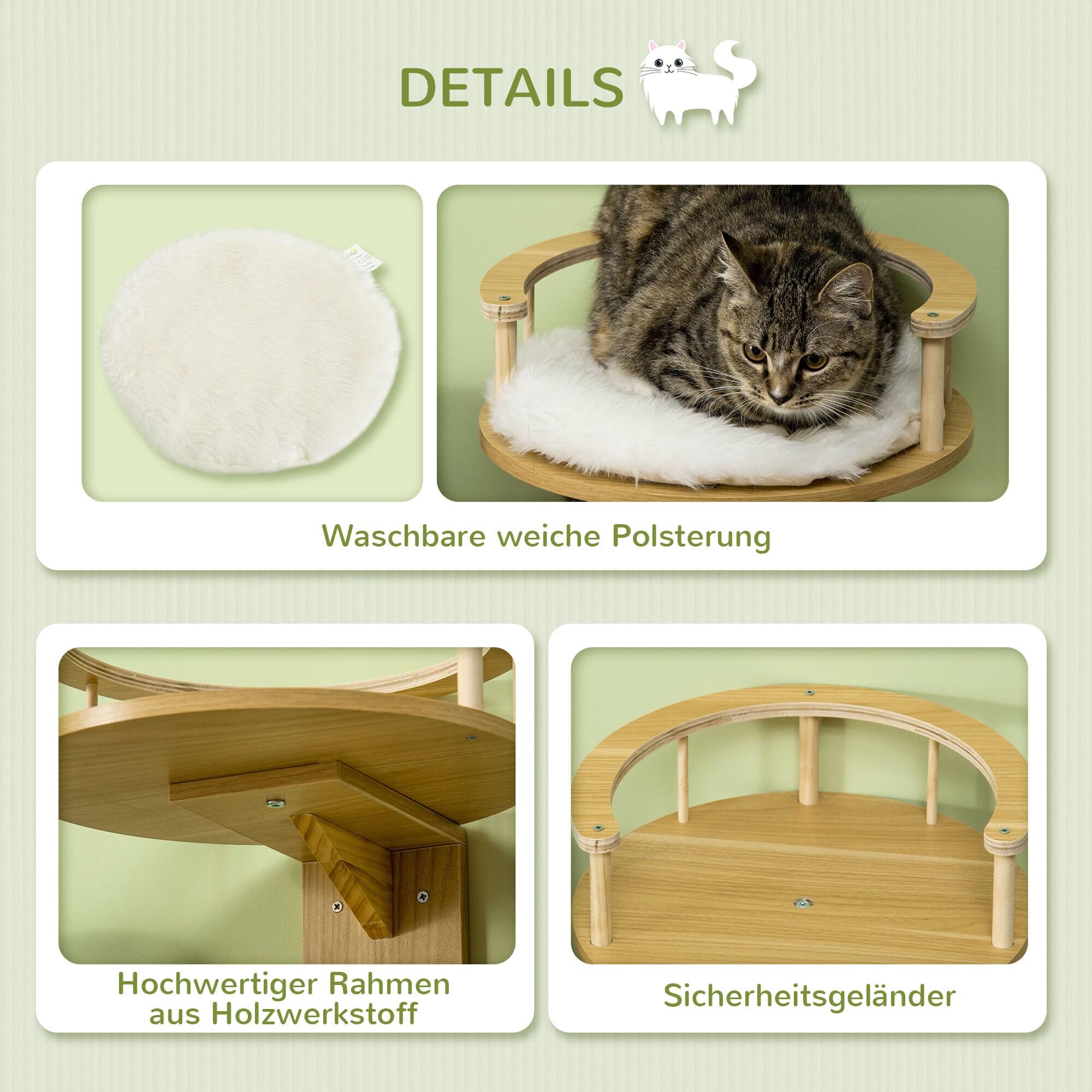 PawHut Katzen-Wandregal mit Schutzrand und Polsterung natur, weiß 34L x 34B x 10,5H cm