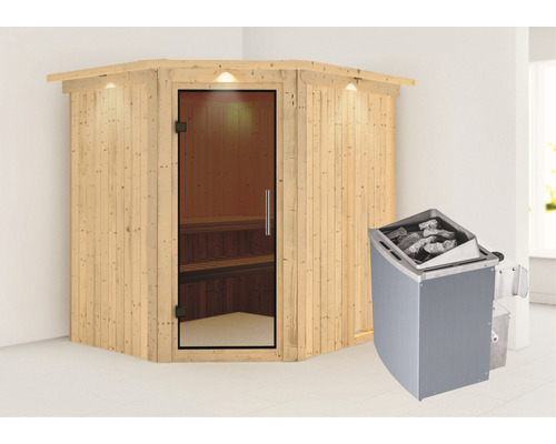 Karibu Petalit modulaire sauna inclusief 9 kW kachel en geïntegreerd besturingssysteem met dakkroon en gebronsde volledig glazen deur