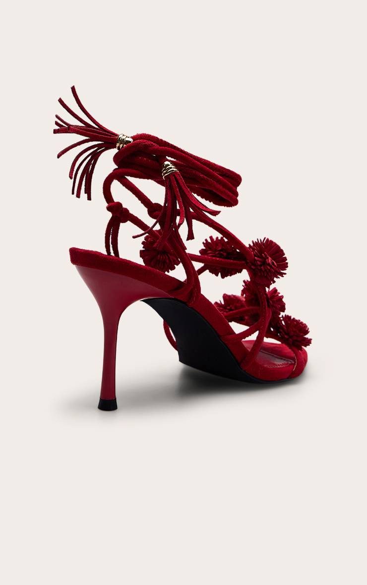 Rouge Sandales À Talons Hauts En Synthétique Avec Pompons Et Lacets