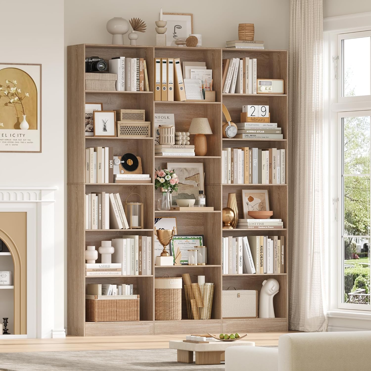 FirFurd Bücherregal 188 cm, Regal mit 17 Fächern, Bücherschrank, Standregal, Aufbewahrungsregal, für Wohnzimmer Büro Arbeitszimmer, 149 x 23,5 x 188 cm, Eiche