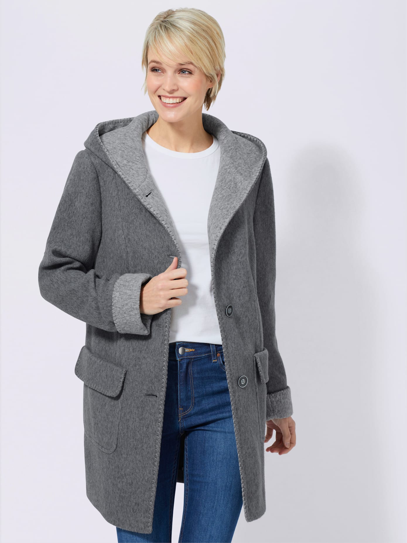 Manteau imitation laine poches plaquées à rabat avec capuche
