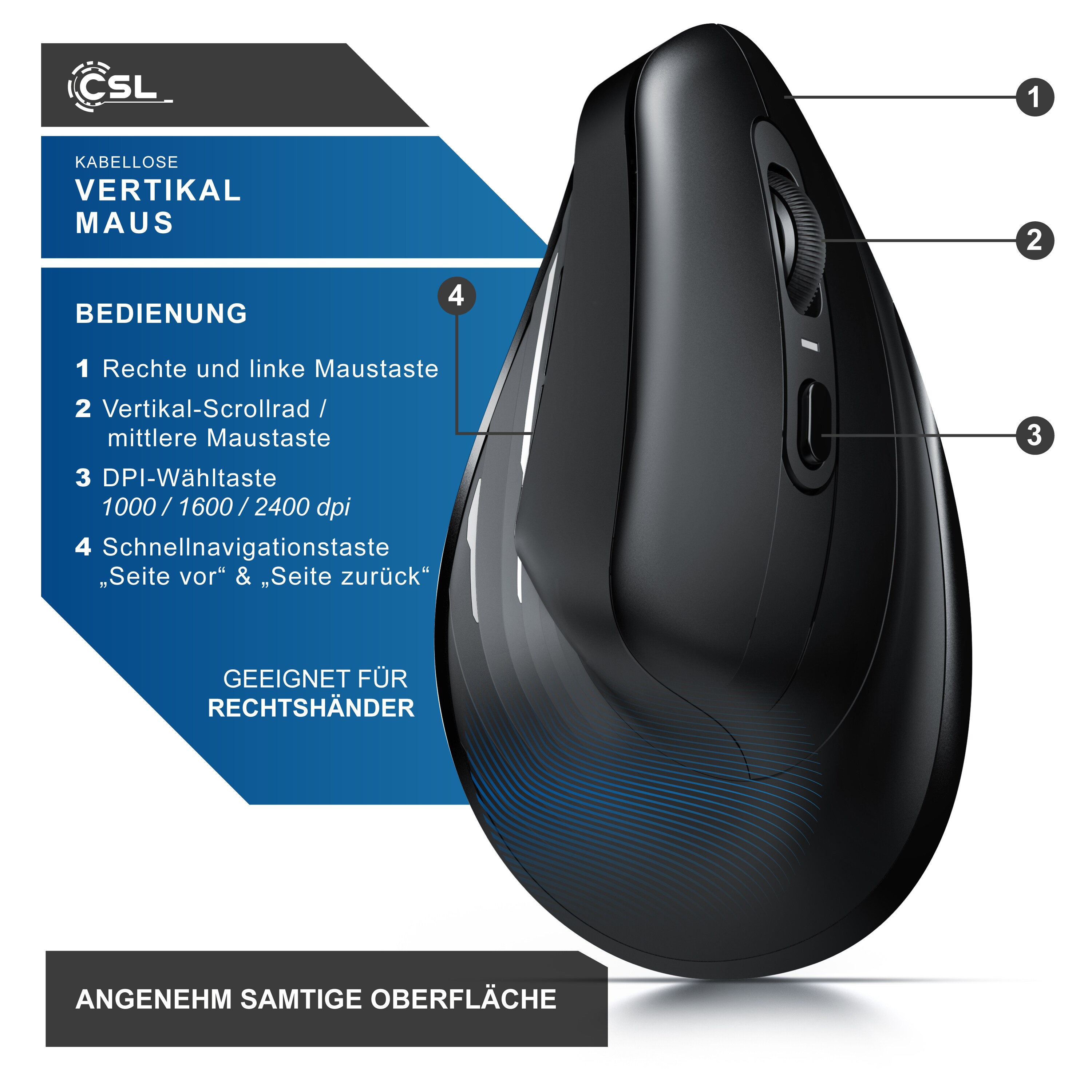 CSL ergonomische Maus, Funk, Vertikal, optisch, kabellos, 2,4Ghz & Bluetooth, Armschonend, 2400 dpi