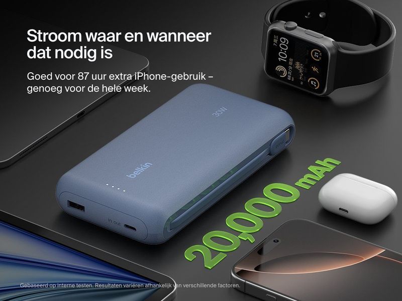 Belkin - Draagbare Power Bank - Blauw - 20.000 mAh - 30 W PD - USB-C