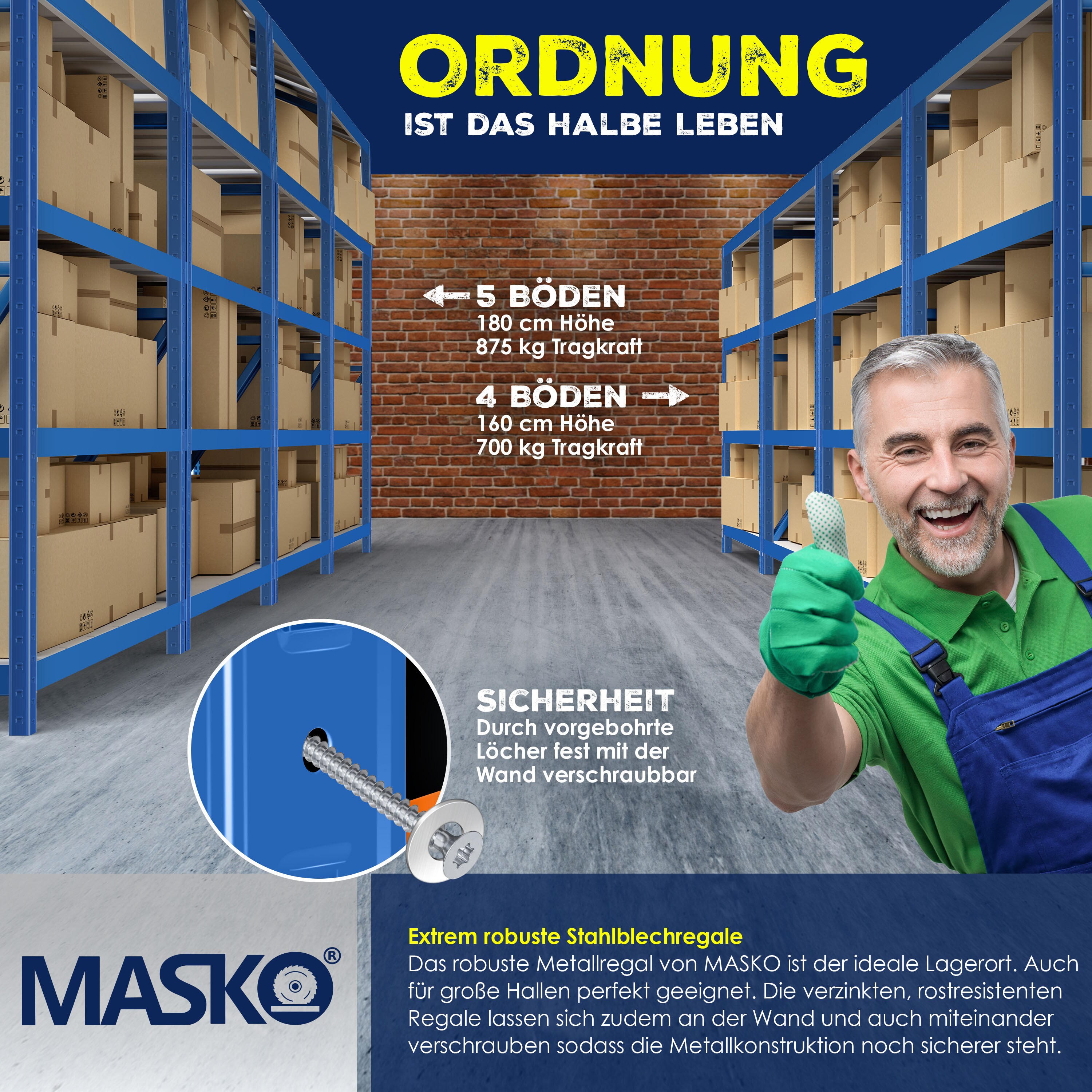 MASKO® 2er-Set Lagerregal Schwerlastregal, Kellerregal , bis 875 kg belastbar, 5 verstellbare Ablagen, MDF-Platten Regal aus Metall, Steckregal, Werkstattregal, Keller, Garage