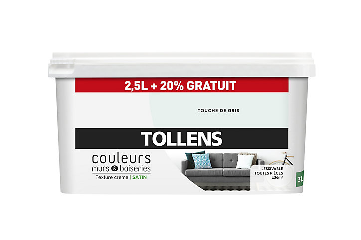 Peinture murs et boiseries Tollens touche de gris satin 2,5L +20% gratuit