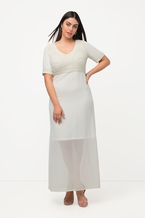 Hochzeitskleid, Perlenstickerei, V-Ausschnitt, Halbarm