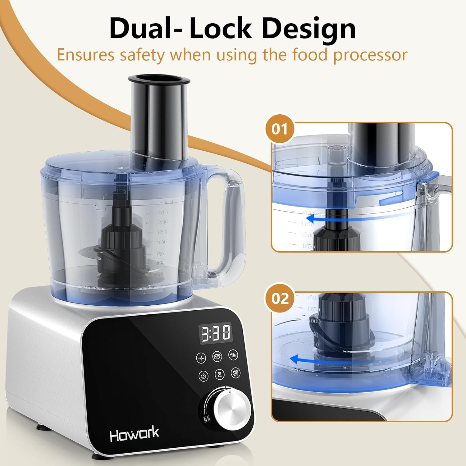 Howork Food Processor 1500W, Großes Fassungsvermögen Multifunktion, Zum Zerkleinern, Schneiden, Hacken, Mahlen, Smoothies, Hacken, Füllen und Teig, Edelstahl Silber