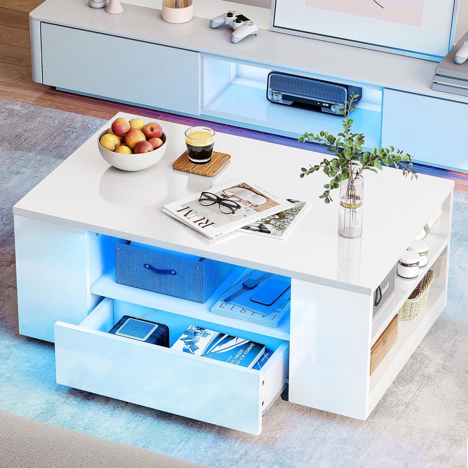 YITAHOME Couchtisch Weiß, Wohnzimmertisch Hochglanz mit 16-Farbiger LED Beleuchtung Modern, Beistelltisch Weiss mit Offenem Ausstellungsregal und 2 Ausziehbaren Schubladen, 95x 55x37cm
