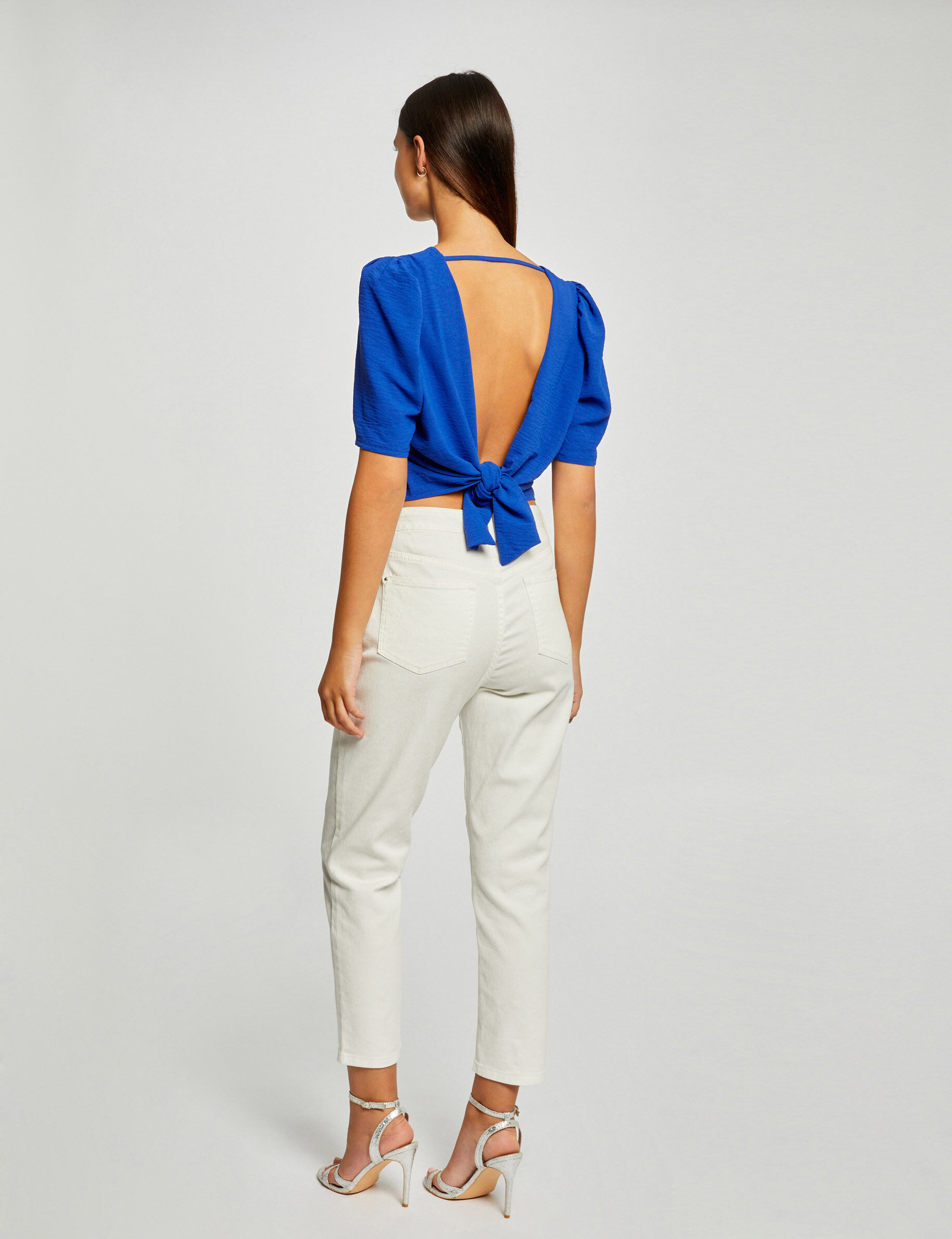 Blouse manches courtes dos ouvert bleu electrique femme - bleu_electrique