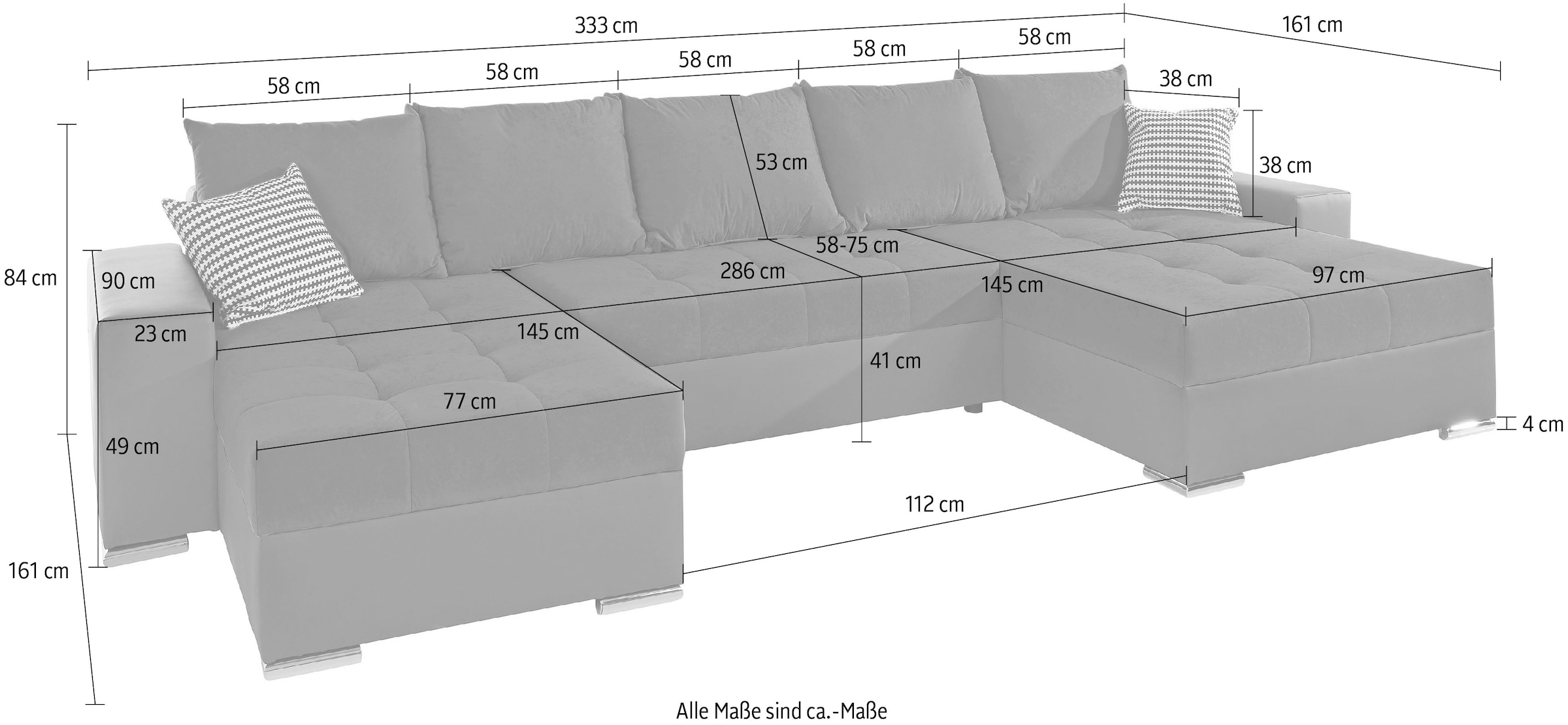 COLLECTION AB Wohnlandschaft »Josy XXL U-Form, B: 333 cm, mit 2 Recamieren 77 & 97 cm« mit Bettfunktion, Bettkasten & 2 Zierkissen, Federkern
