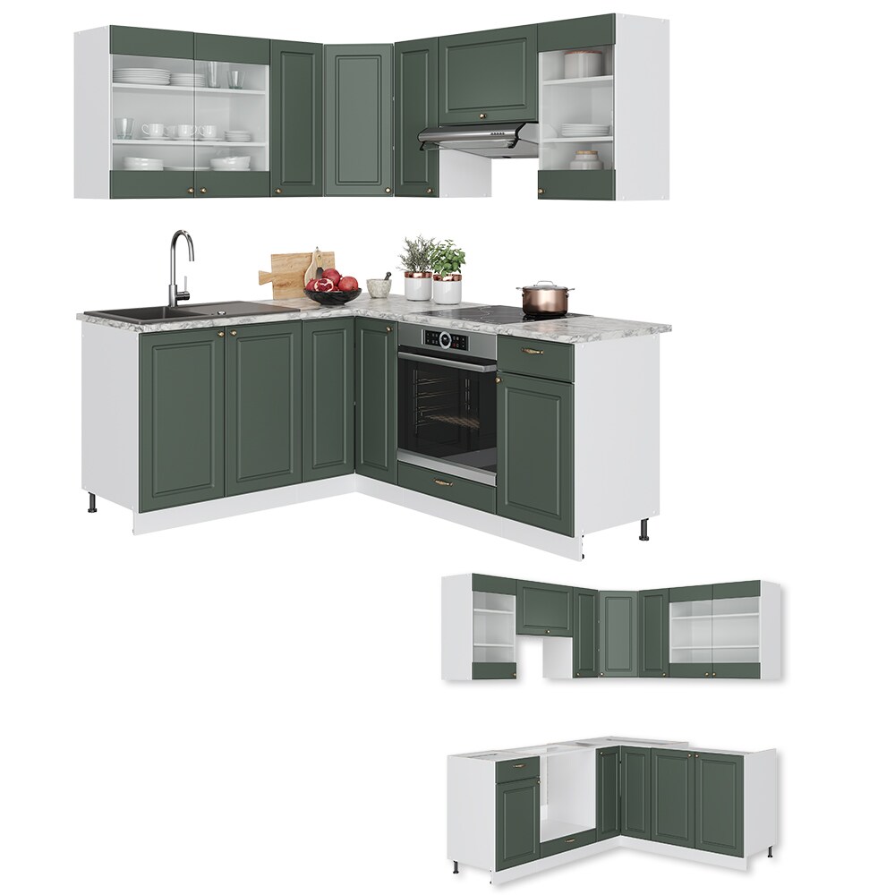Vicco Eckküche Küchenzeile Einbauküche Fame-Line Landhaus Weiß Grün Gold 190 cm Schubunterschrank Spülenunterschrank Eckunterschrank Herdumbauschrank Hängeglasschrank Hängeschrank