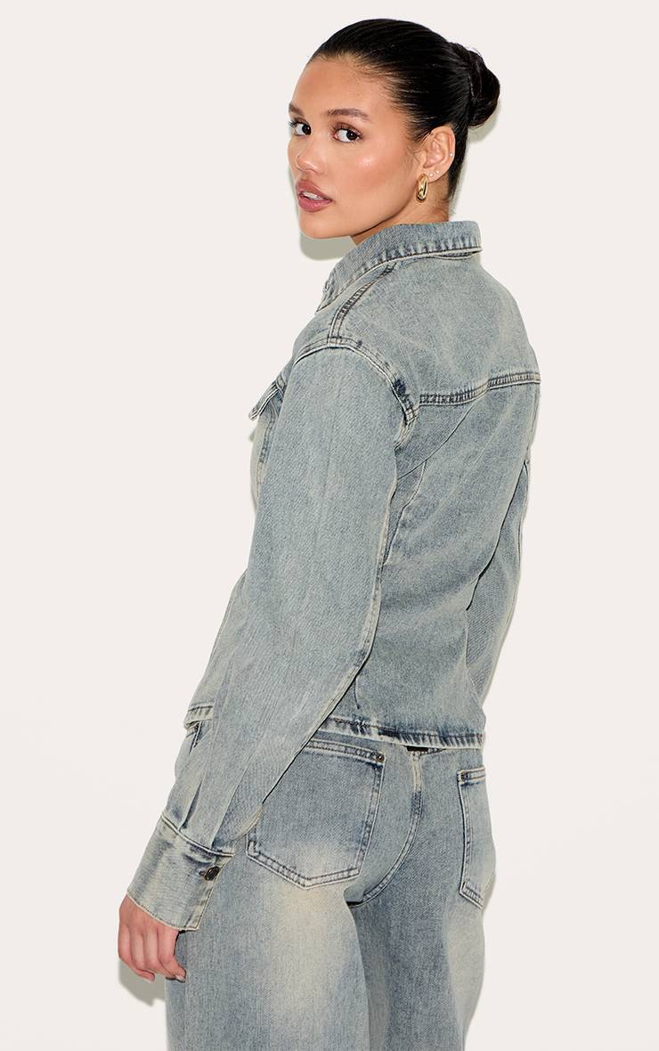 Délavage Vintage Veste En Jean À Manches Longues Avec Taille Cintrée