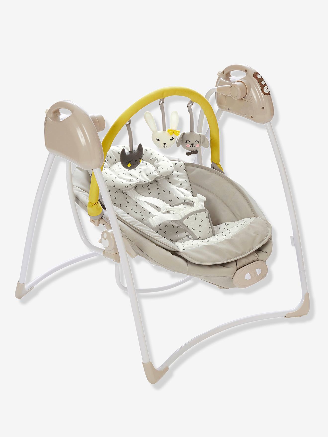 Cadeira de balanço Babyswing VERTBAUDET com arco de atividades, estampa cinza