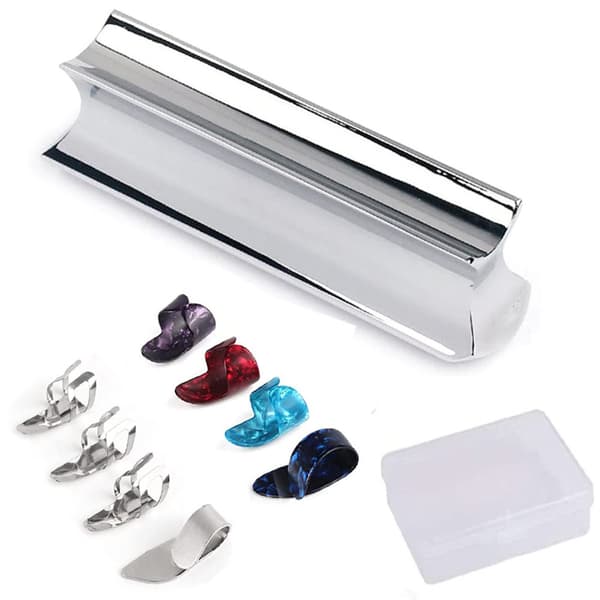 INF 10 stk gitar slide sett - metall slides og fingerplekter