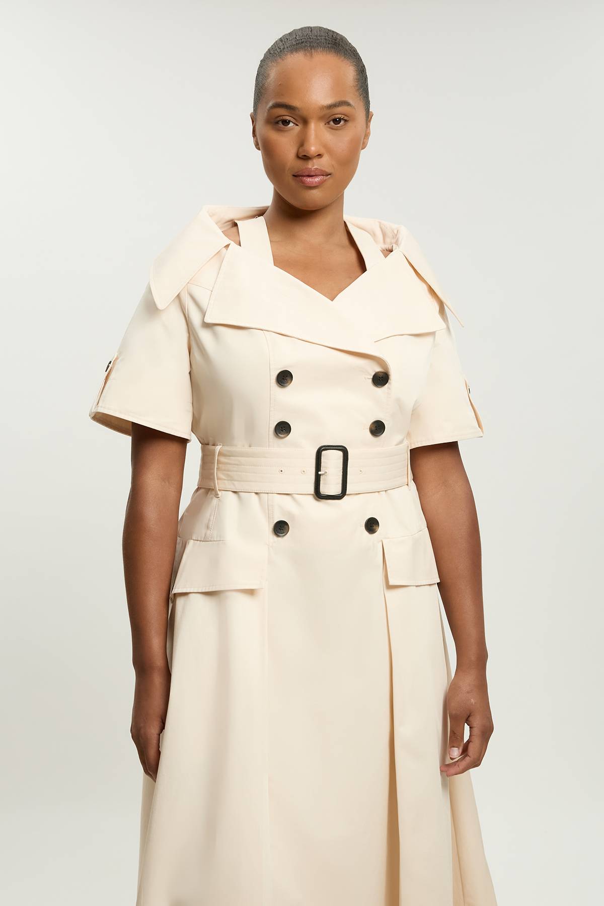KarenMillen Robe Midi Grande Taille En Coton Ajusté Style Trench Ceinturée À Jupe Évasée