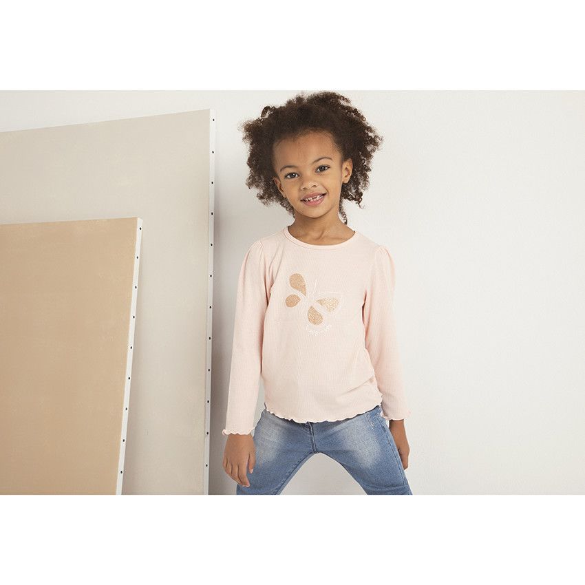T-shirt manches longues côtelé à print ludique pour enfant fille - Rose