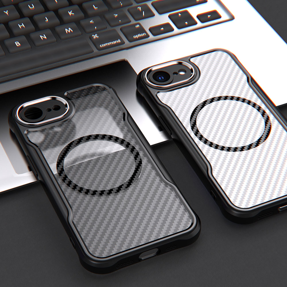iPhone 16e MagSafe Gummi Case Schutzhülle Carbon Look Air Cushion Fallschutz mit Kameraschutz - Schwarz / Transparent