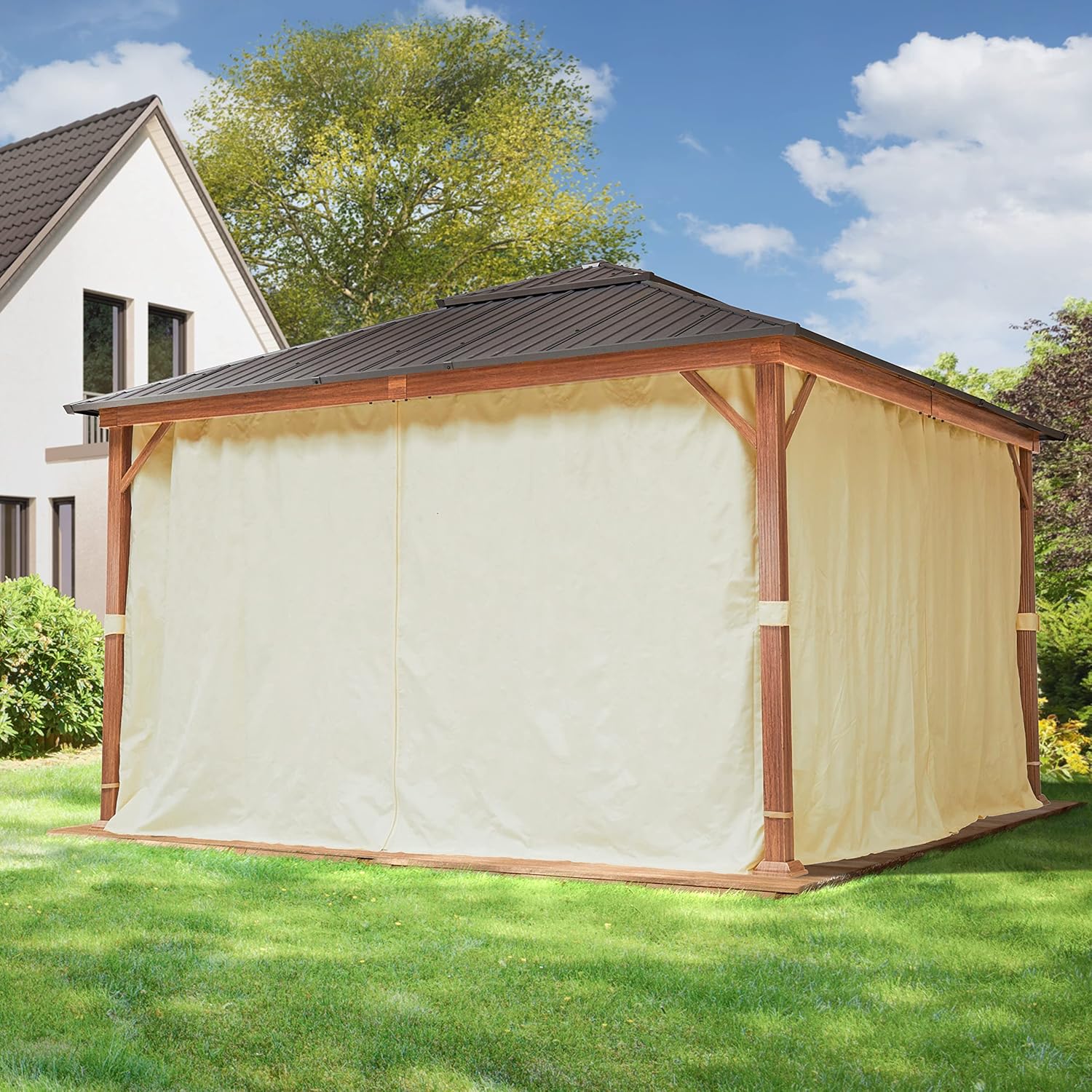 TOOLPORT Gartenpavillon 4x4 m Holzoptik, Stahldach Hardtop 4 Seitenteile in Champagner