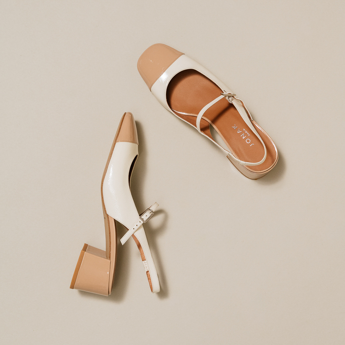 Salomés slingback à bouts carrés  en vernis beige et écru
