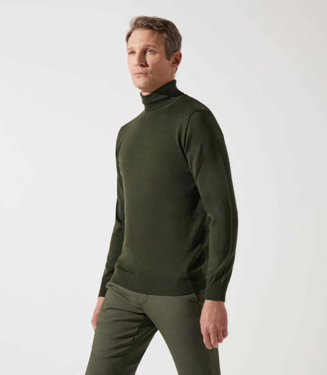 Pull col roulé kaki 100% mérinos