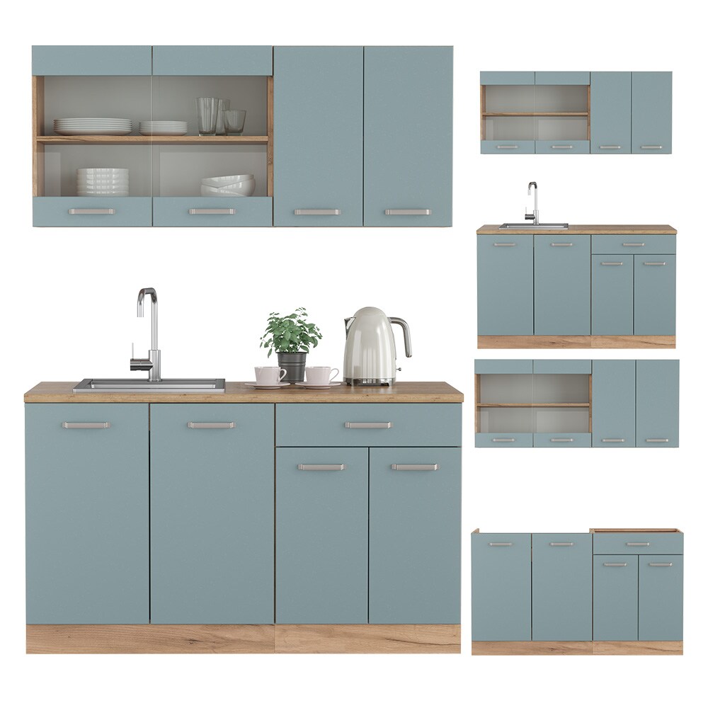 Vicco Küchenzeile R-Line Solid Eiche Blau Grau 140 cm modern Küchenschränke Küchenmöbel