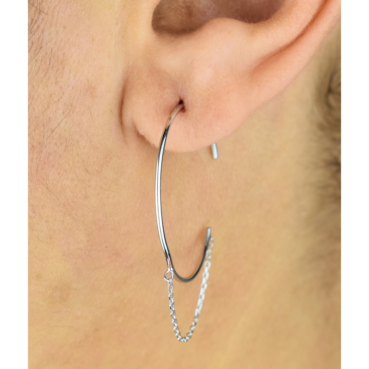 Boucles d'oreilles créoles ouvertes chaînettes pendantes Argent 925 Rhodié